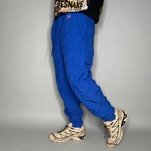 Vintage 90s Russell Track Pants Mens M Royal Blue Nylon Joggers Ankle Zippers